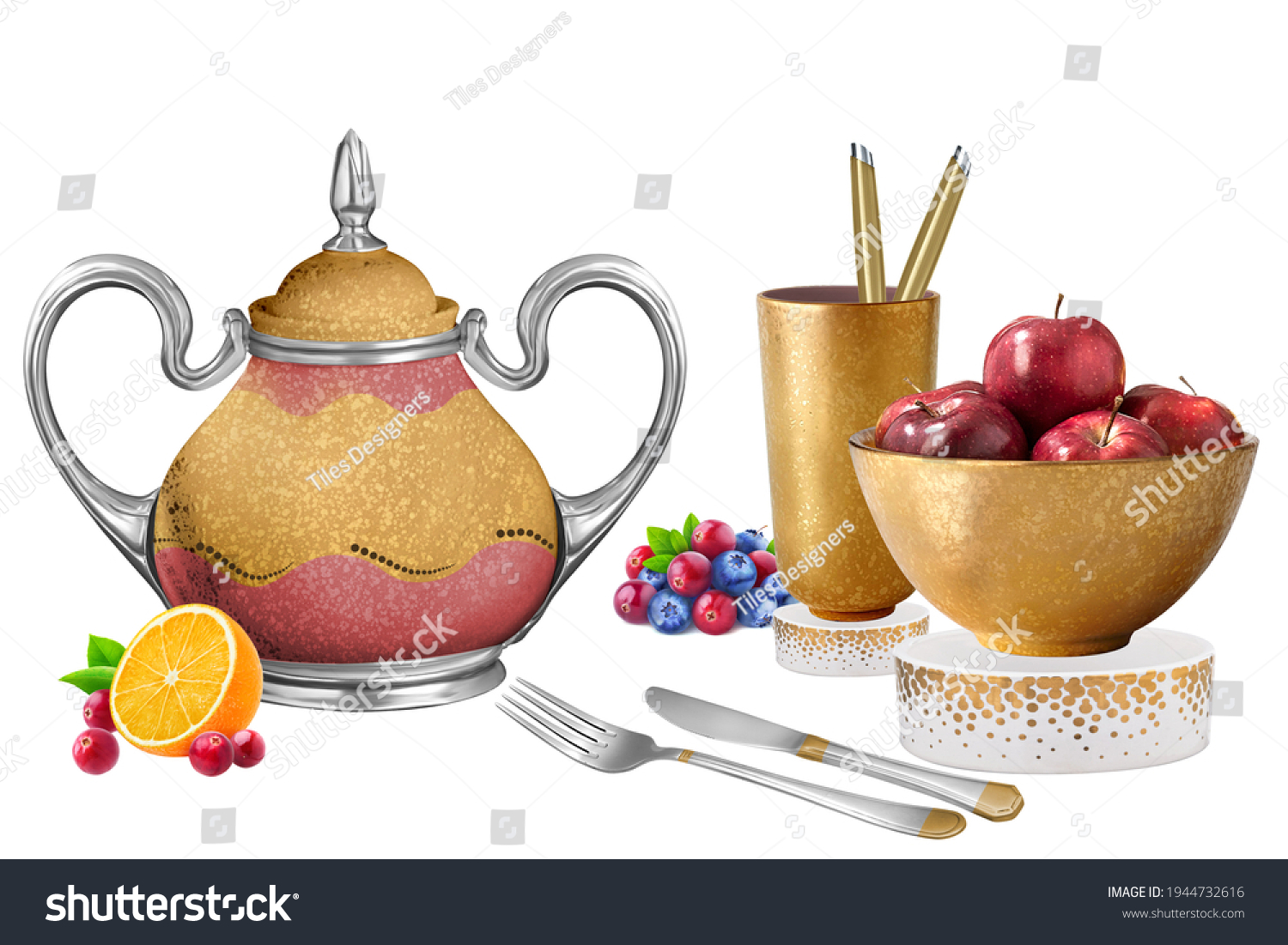 Gold and pink kitchen glass and cup set with fruits apples lemon grapes spoon kitchen set #1944732616