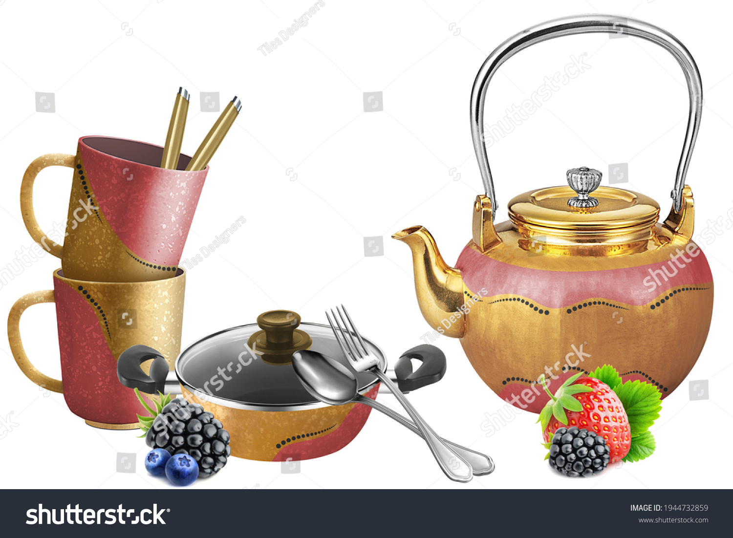 Gold and pink kitchen set with fruits strwbery grapes and spoon kitchen set ceramic tile #1944732859