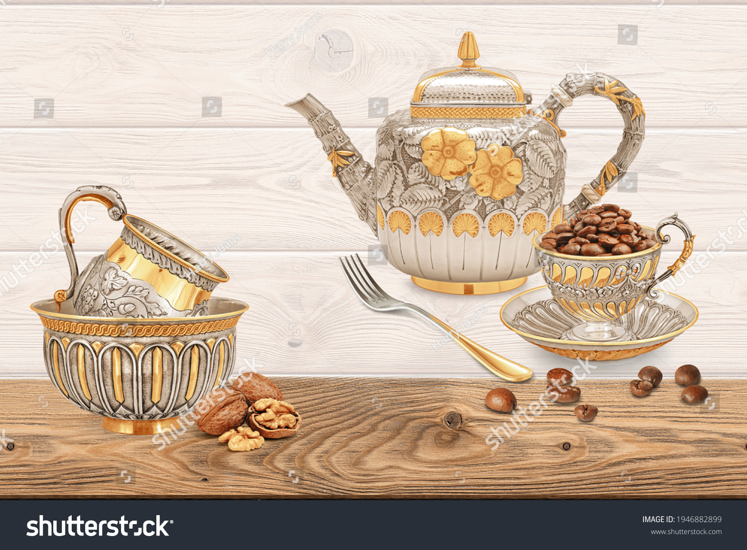 Wooden background with Gold Cups and teapot with coffee and spoon kitchen set #1946882899
