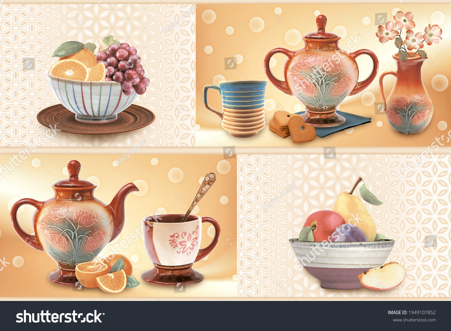 Fanta vector designs in kitchen set luxurious kitchen set orange,apples,grapes,biscuits kitchen cups set #1949107852