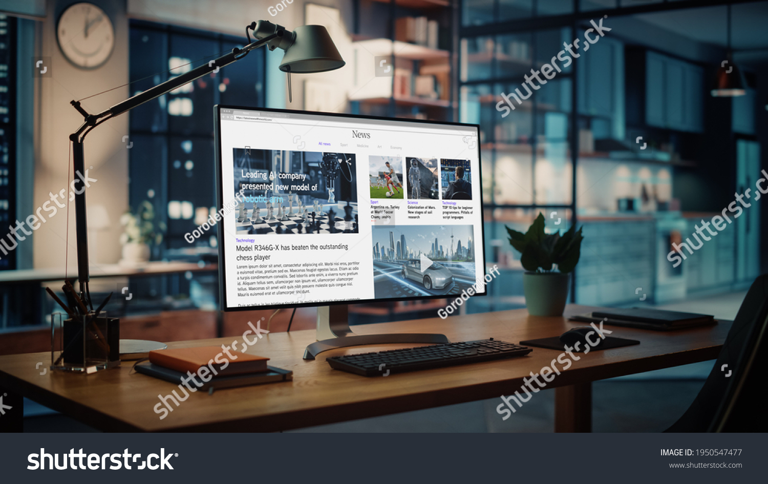 Shot of a Desktop Computer with Latest News Web Page Showing On Screen Standing on the Wooden Desk in the Creative Cozy Living Room. In the Background Warm Evening Lighting and Open Space Studio. #1950547477