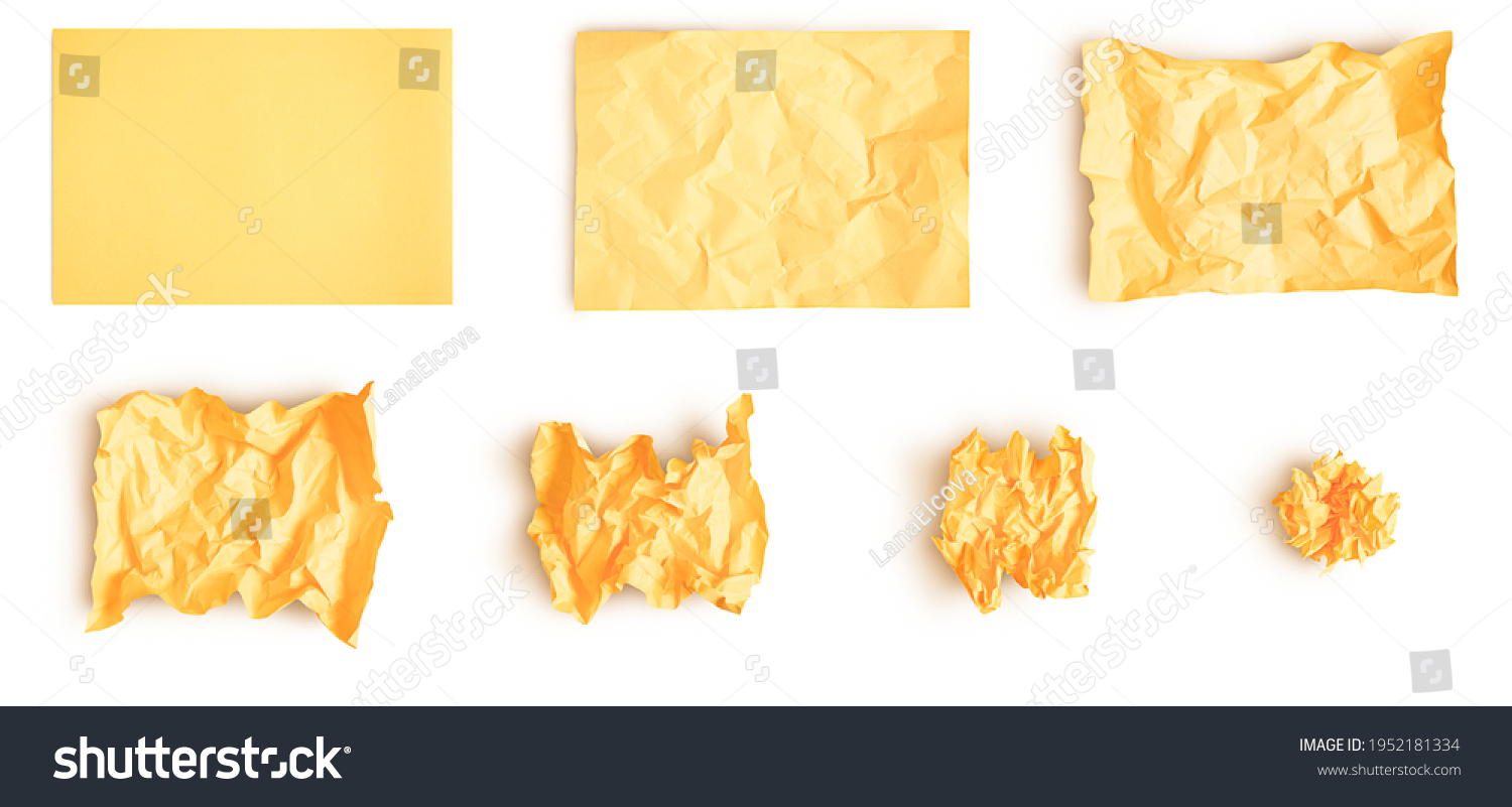 Set of yellow creased paper. Smooth sheet of paper crumpled into ball step by step. Isolated on white background with soft shadows #1952181334