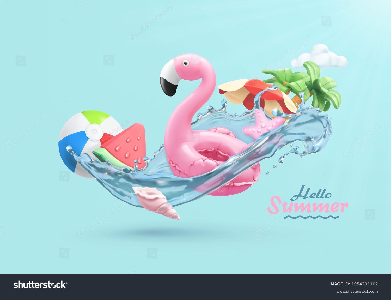 Summer festive background. 3d vector realistic illustration. Flamingo inflatable toy, watermelon, palm trees, shell, water splash #1954291102