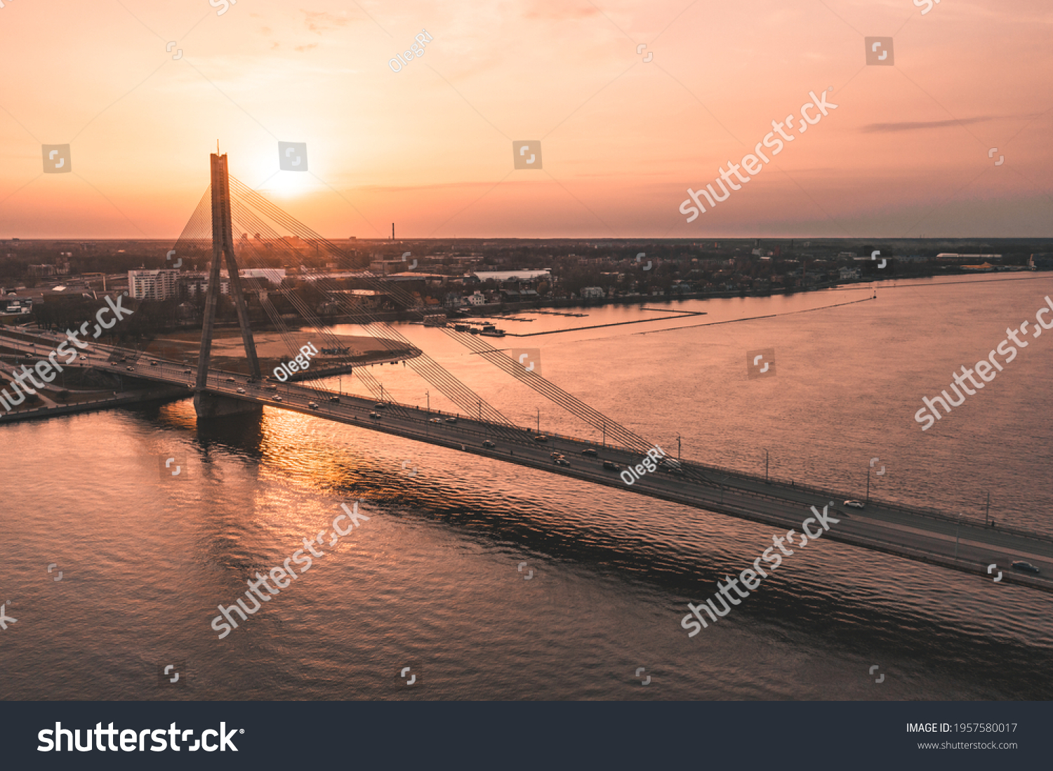 Bridge over river at sunset #1957580017