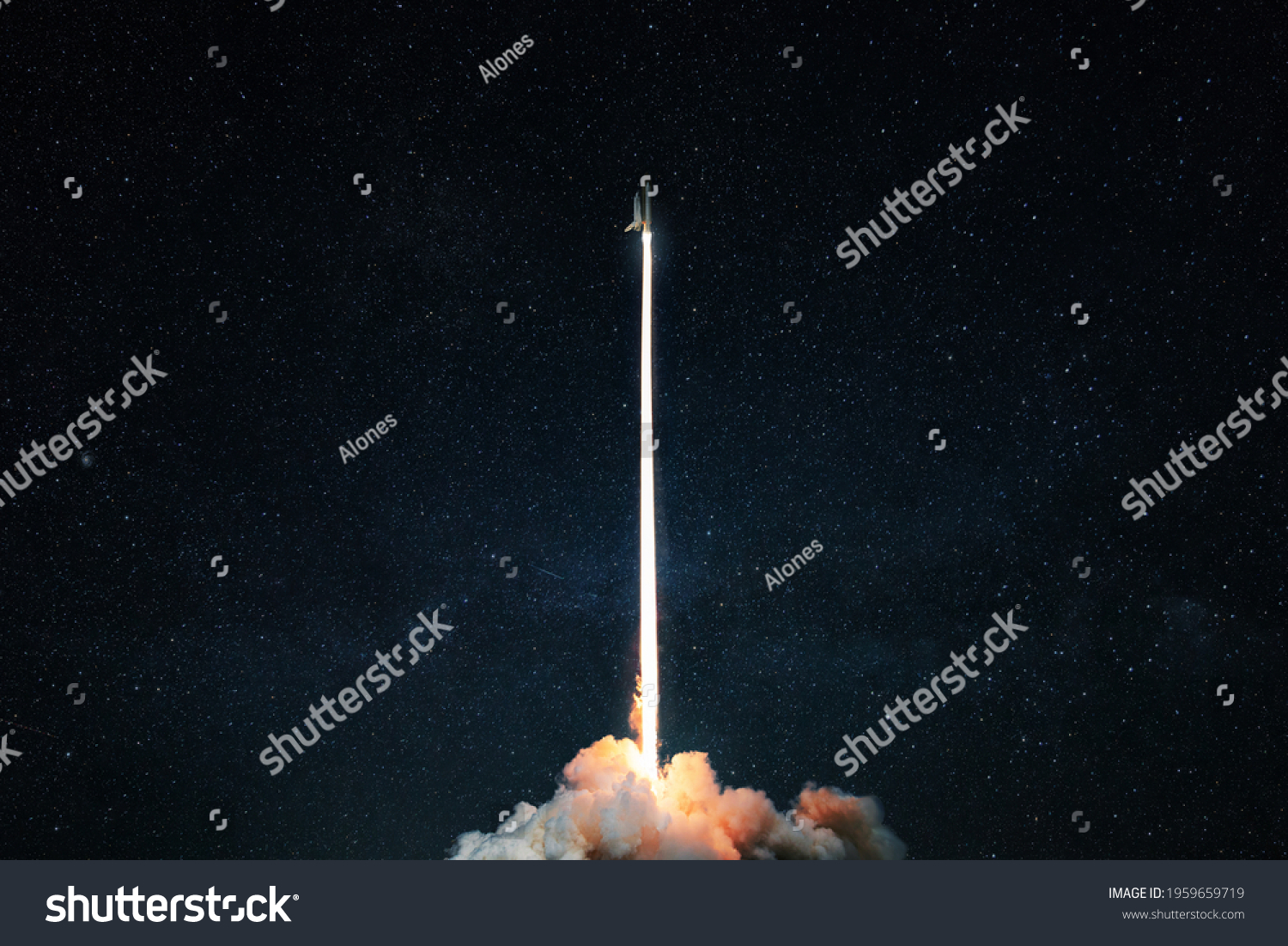 Space rocket launch into the starry sky. Space shuttle with blast and blast lift off into space on a dark background. Successful start, concept #1959659719