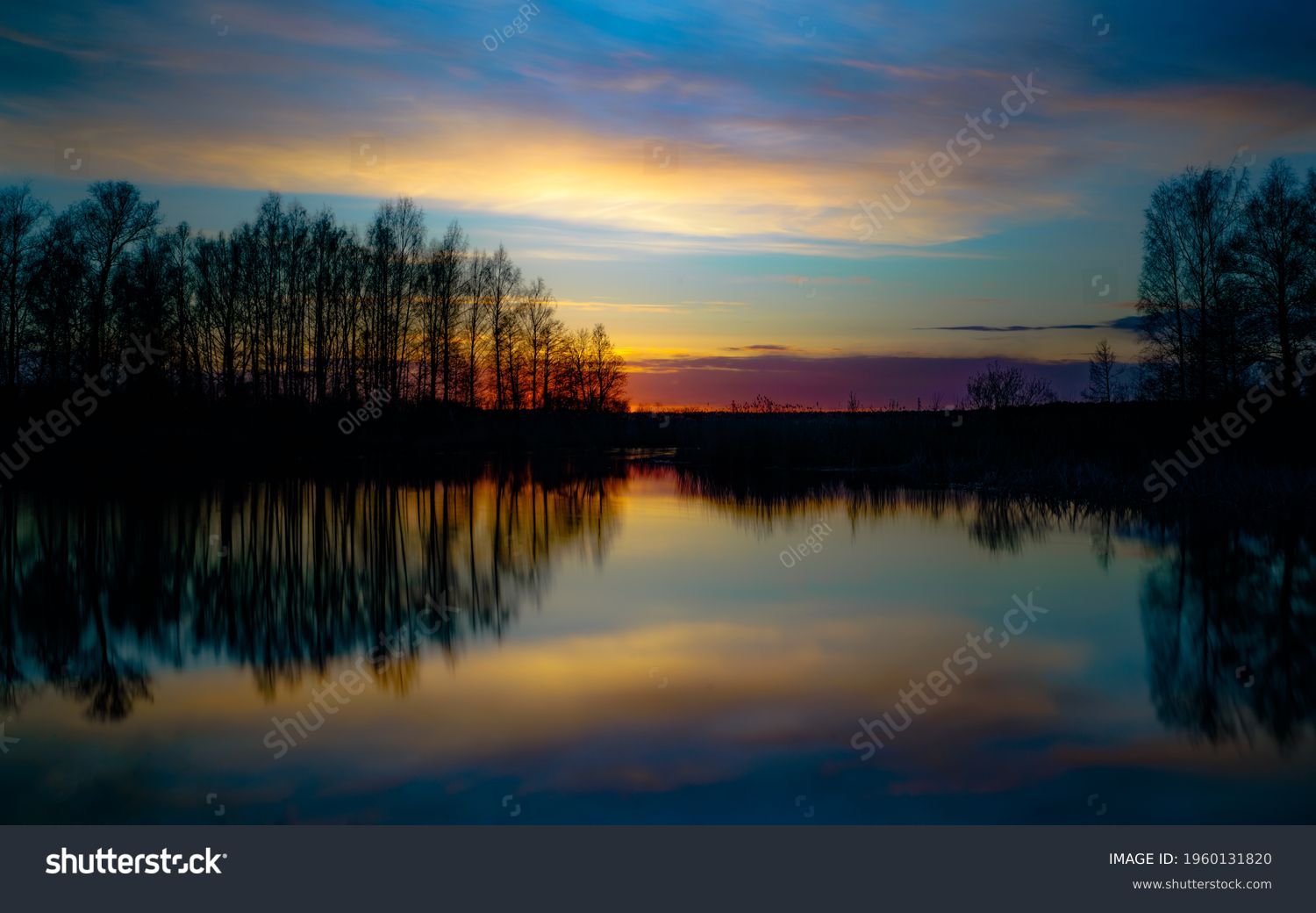 sunset at coast of the lake. Nature landscape. Nature in northern Europe. reflection, blue sky and yellow sunlight. landscape during sunset. #1960131820