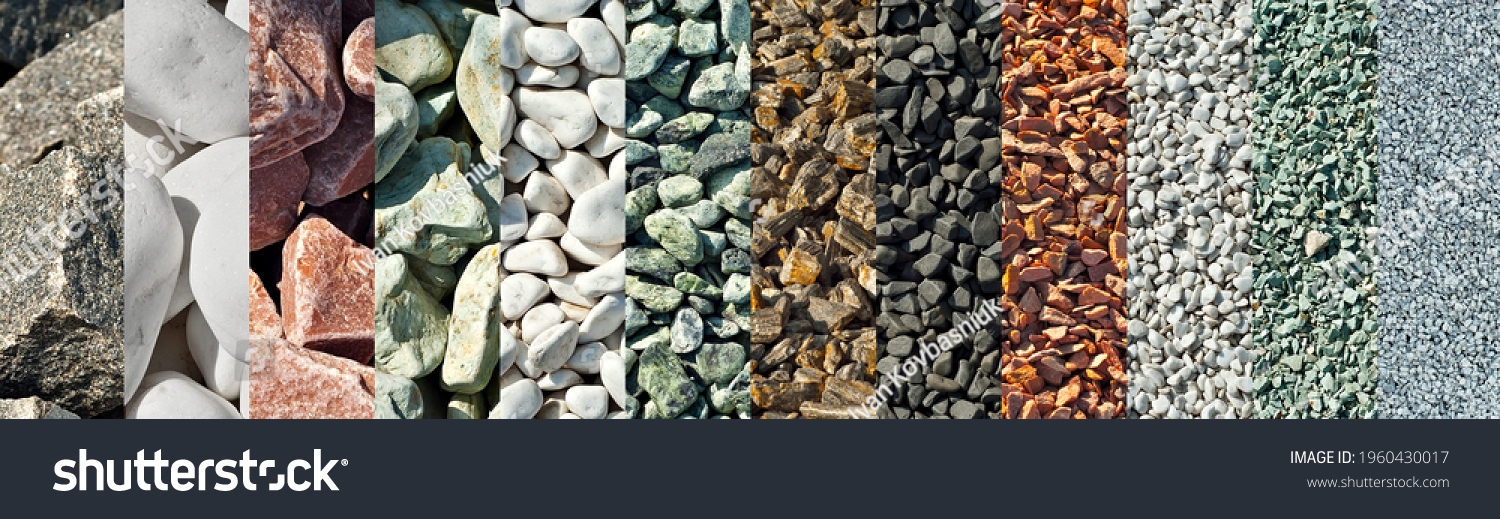 Drainage systems from small pebbles. Garden drainage for plants and trees. Collage of different types of stones. Decorative stones of different colors and sizes. #1960430017