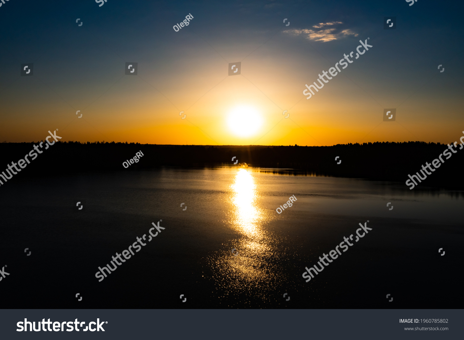 Panorama Of Autumn River Landscape In Belarus Or European Part Of Russia At Sunset. Sun Shine Over Blue Water Lake Or River At Sunrise. Nature At Sunny Morning. Woods With Orange Foliage On Riverside #1960785802