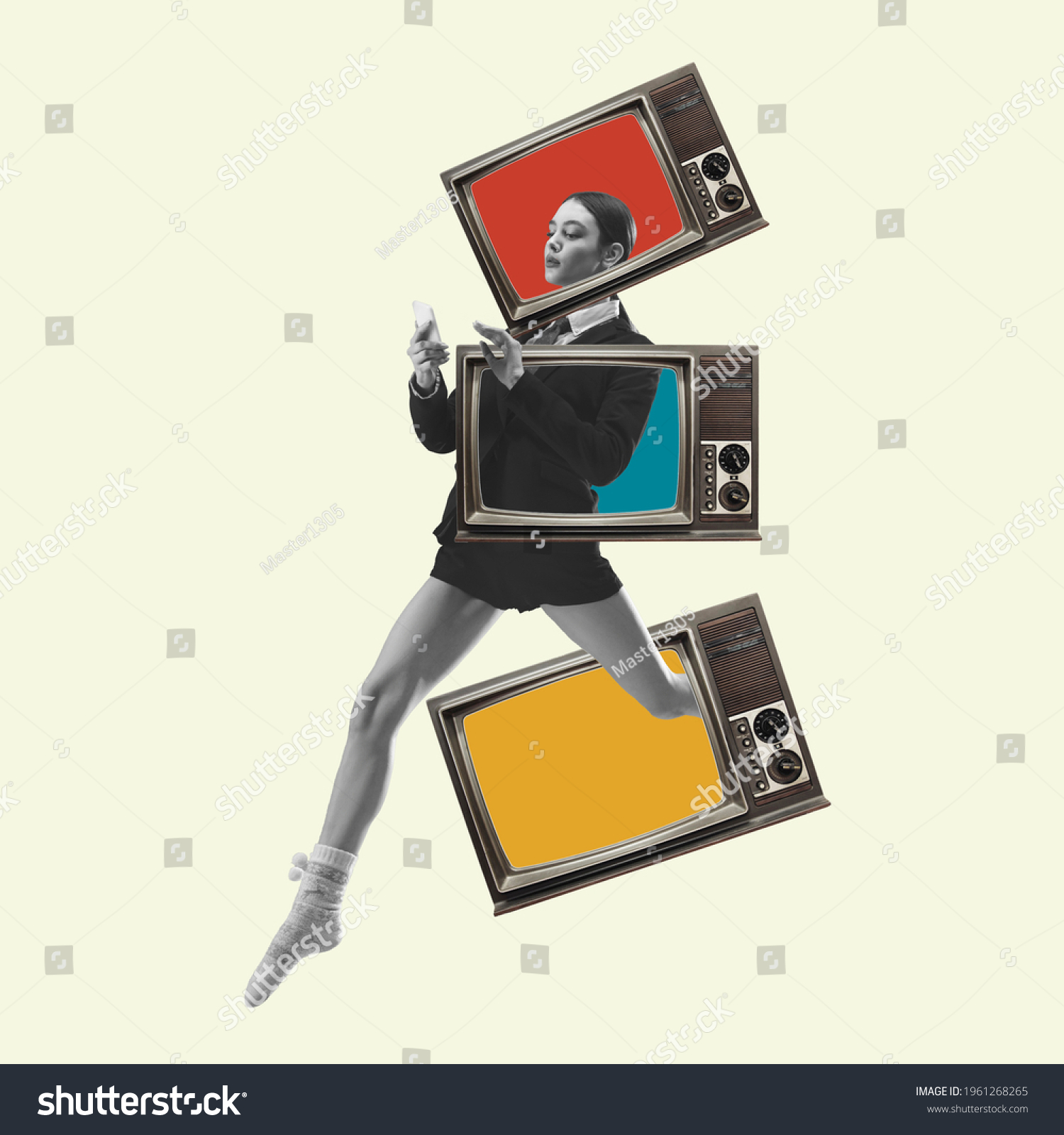 Beautiful woman in casual running throught TV boxes on yellow background. Copy space for ad, text. Modern design. Conceptual, contemporary bright artcollage. Retro styled, surrealism, fashionable. #1961268265