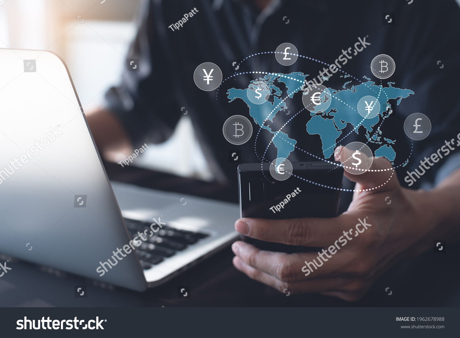 Currency exchange, money transfer, FinTech financial technology, Global business, online banking, interbank payment concept. Man using mobile phone and laptop computer with international currencies #1962678988