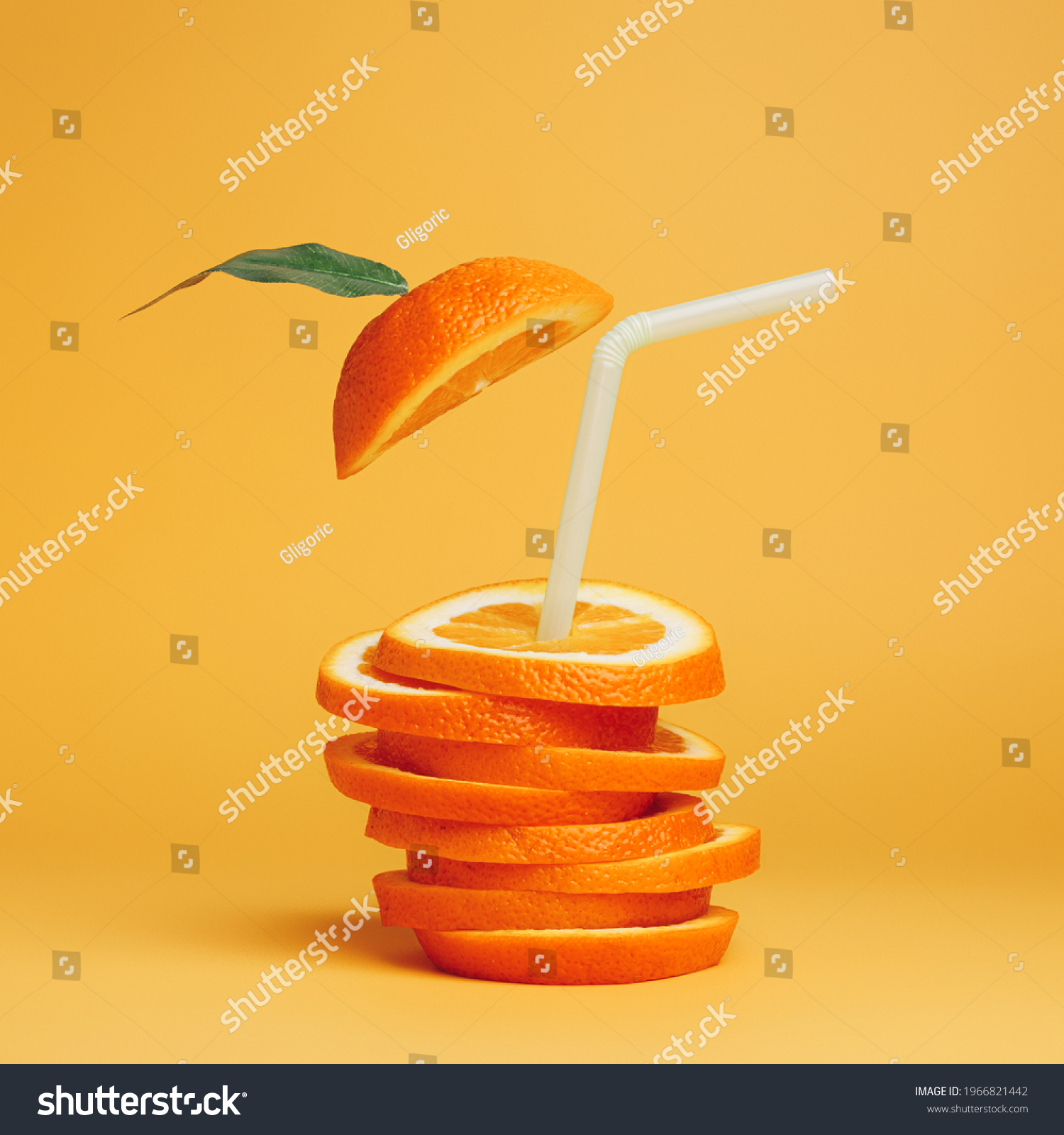 Summer composition with fresh stacked orange slices and straw on vibrant orange background. Creative healthy diet concept. Organic tropical fruit juice. #1966821442