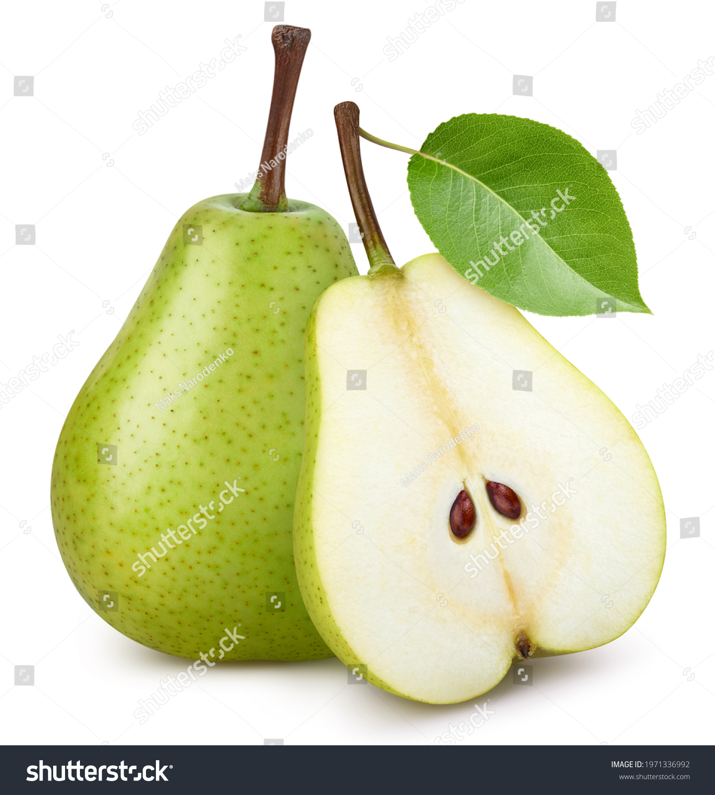 Pear fruit with pear leaf isolated on white background. Pear clipping path. Professional studio macro shooting #1971336992