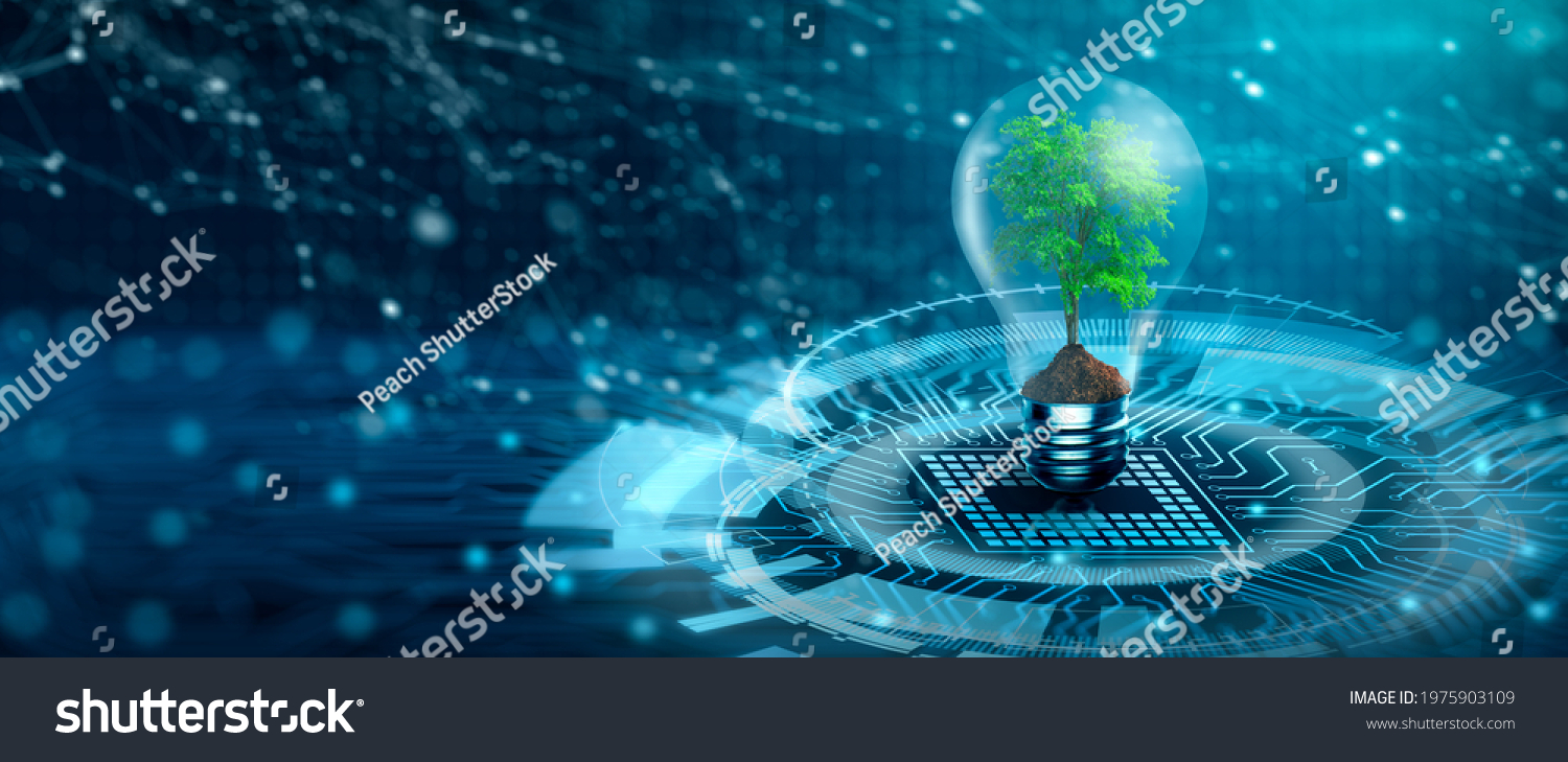 Tree with soil growing on Light bulb. Digital Convergence and and Technology Convergence. Blue light and network background. Green Computing, Green Technology, Green IT, csr, and IT ethics Concept. #1975903109
