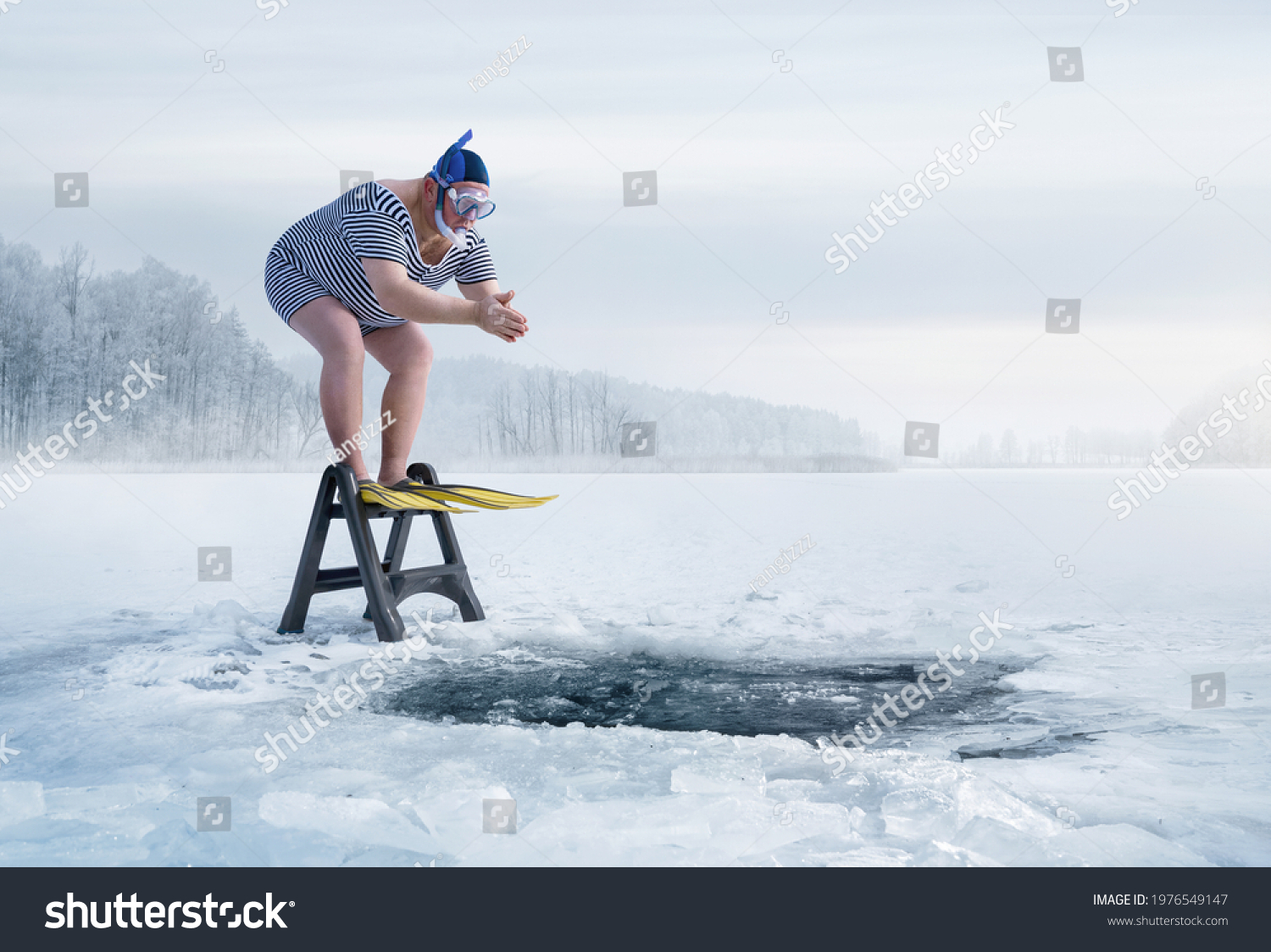 Fuunny overweight, retro swimmer about to jump into ice hole in the lake, with copy space  #1976549147