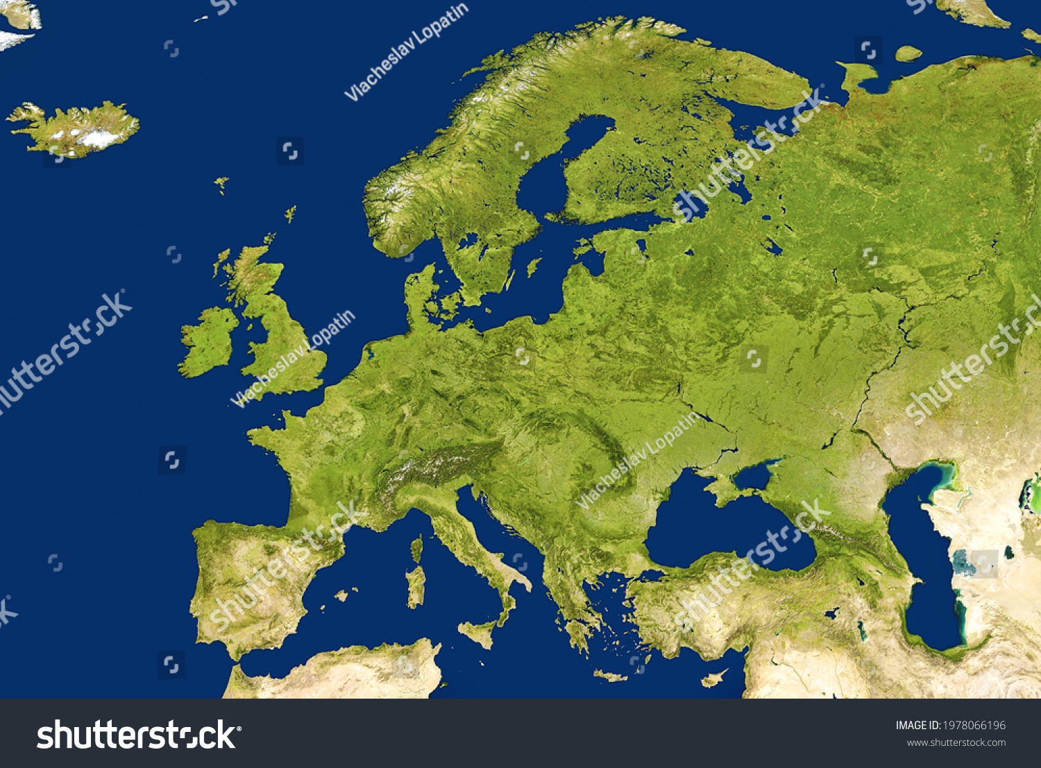 Europe map in satellite picture, flat view of European part of world from space. Detailed physical map with green land and blue seas. Europe and topography theme. Elements of image furnished by NASA. #1978066196
