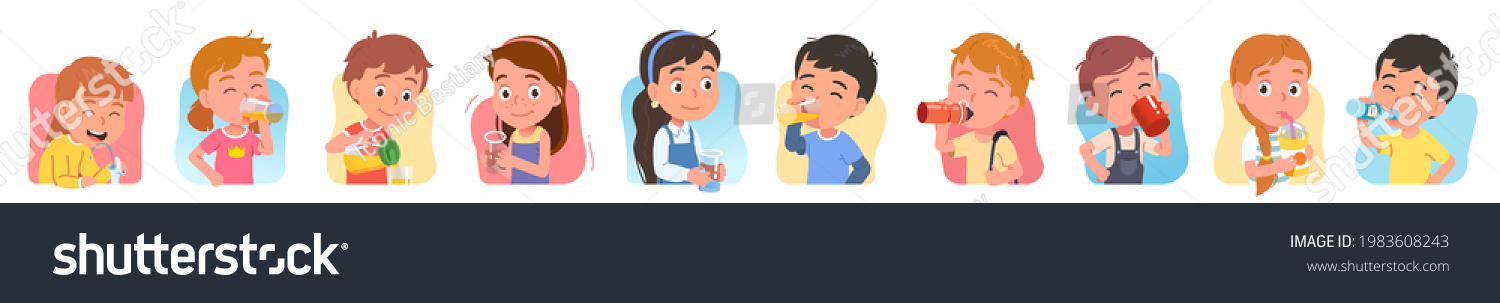 Kids drinking water set. Girls, boys hold bottles, glasses, cups, enjoy drinking beverages. Thirsty people with soda, water soft drinks. Children quenching thirst. Hydration flat vector illustration #1983608243