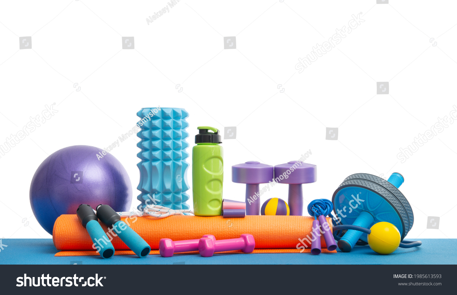 still life of group sports equipment for womens , on white background, isolated. Fitness concept #1985613593
