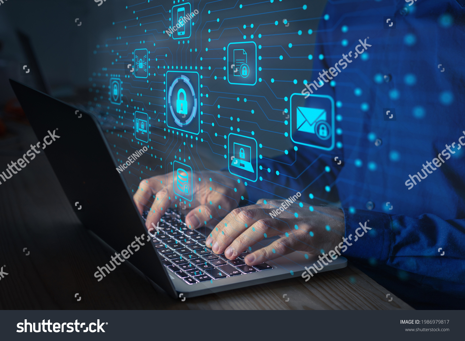 Cyber security IT engineer working on protecting network against cyberattack from hackers on internet. Secure access for online privacy and personal data protection. Hands typing on keyboard and PCB #1986979817