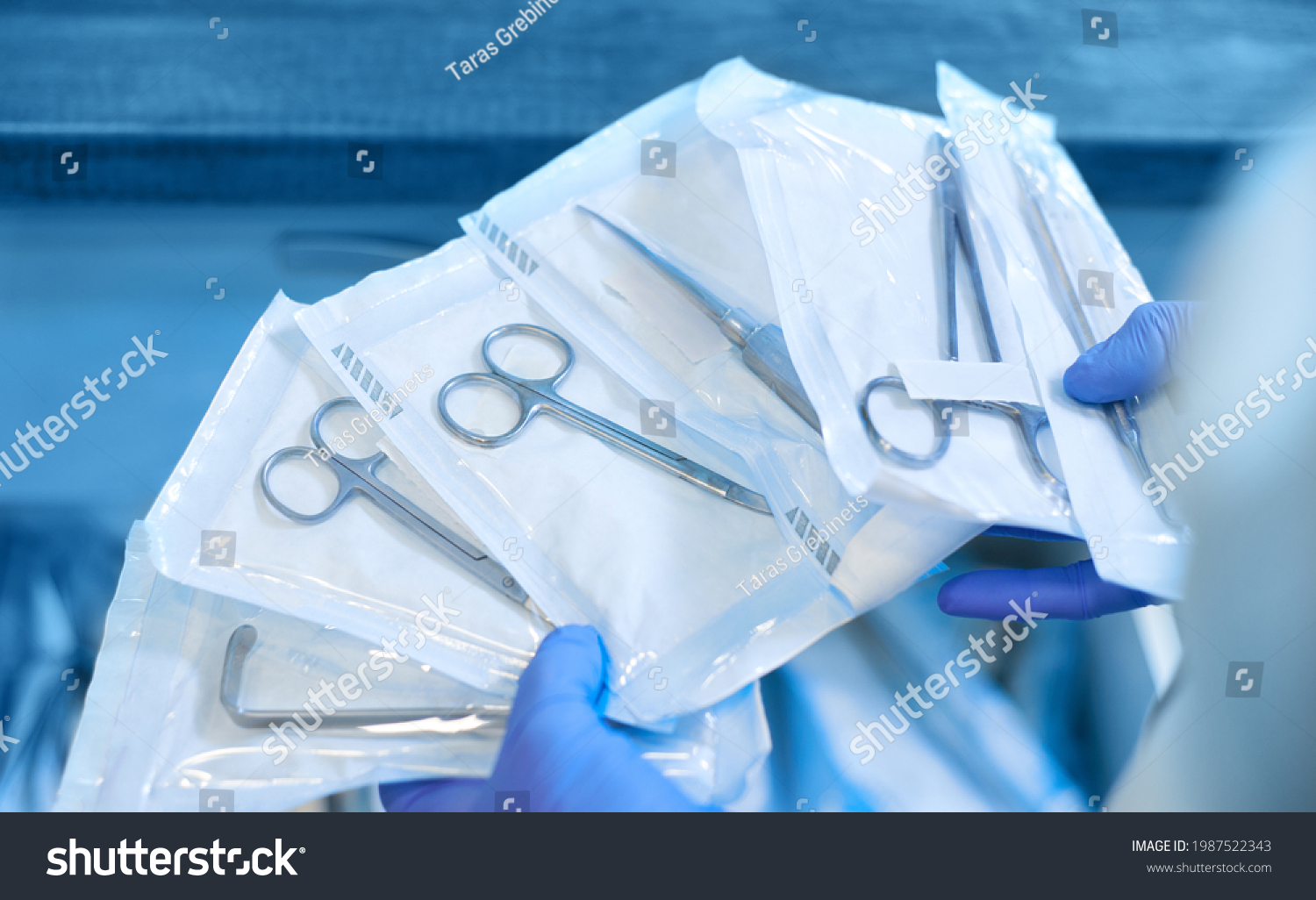 Packaged dental products in sealed sealed packaging. The concept of sterilization and disinfection in a modern dental clinic. #1987522343