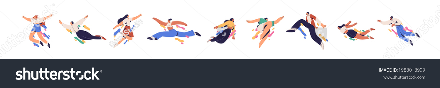 Happy free people flying, floating and jumping in air. Concept of freedom, development and aspirations. Men and women moving forward. Colored flat vector illustration isolated on white background. #1988018999