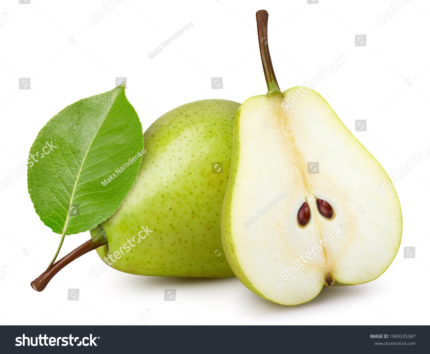 Pear fruit with pear leaf isolated on white background. Pear clipping path. Professional studio macro shooting #1989335387