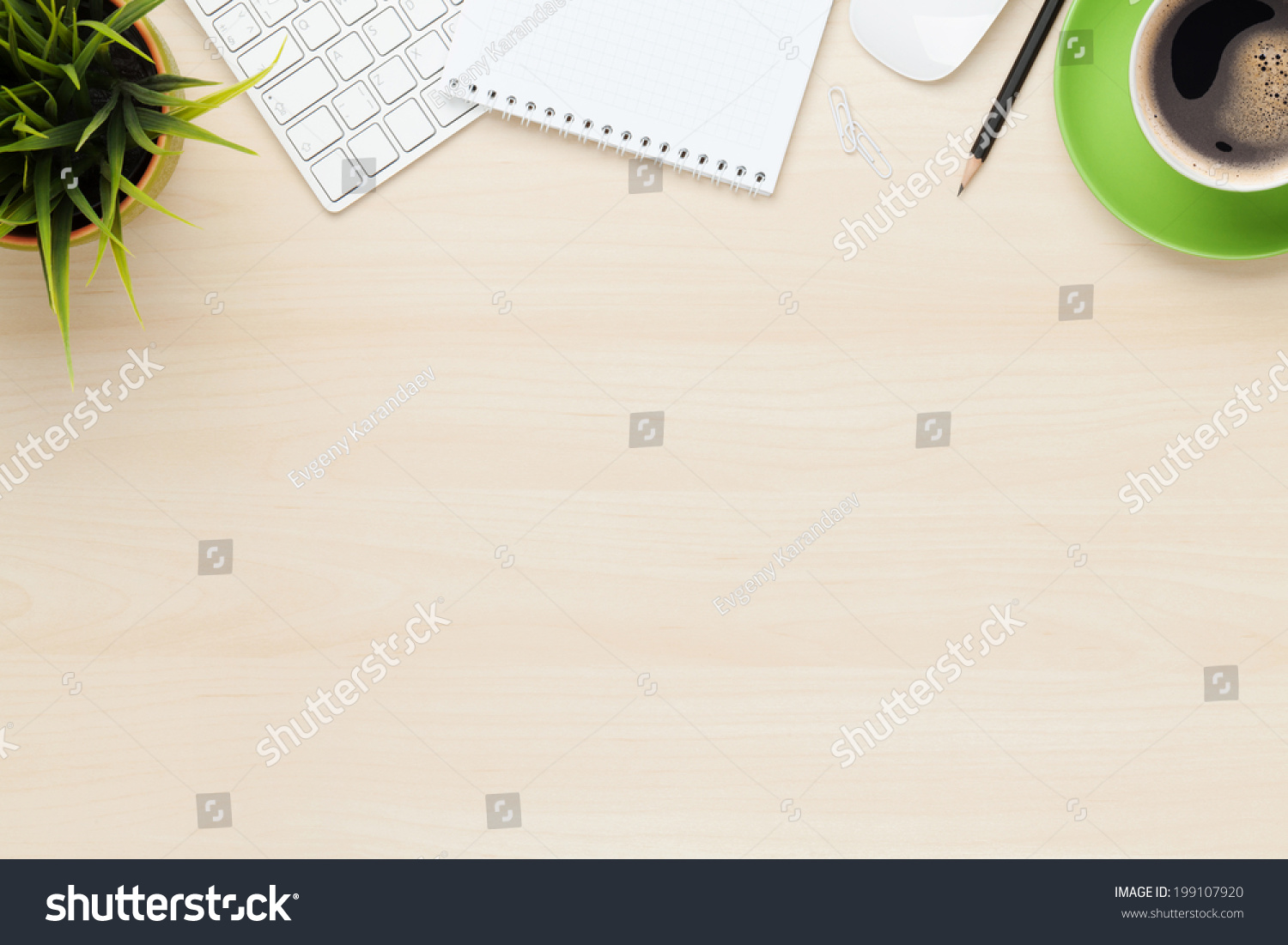 Office table with notepad, computer and coffee cup. View from above with copy space #199107920
