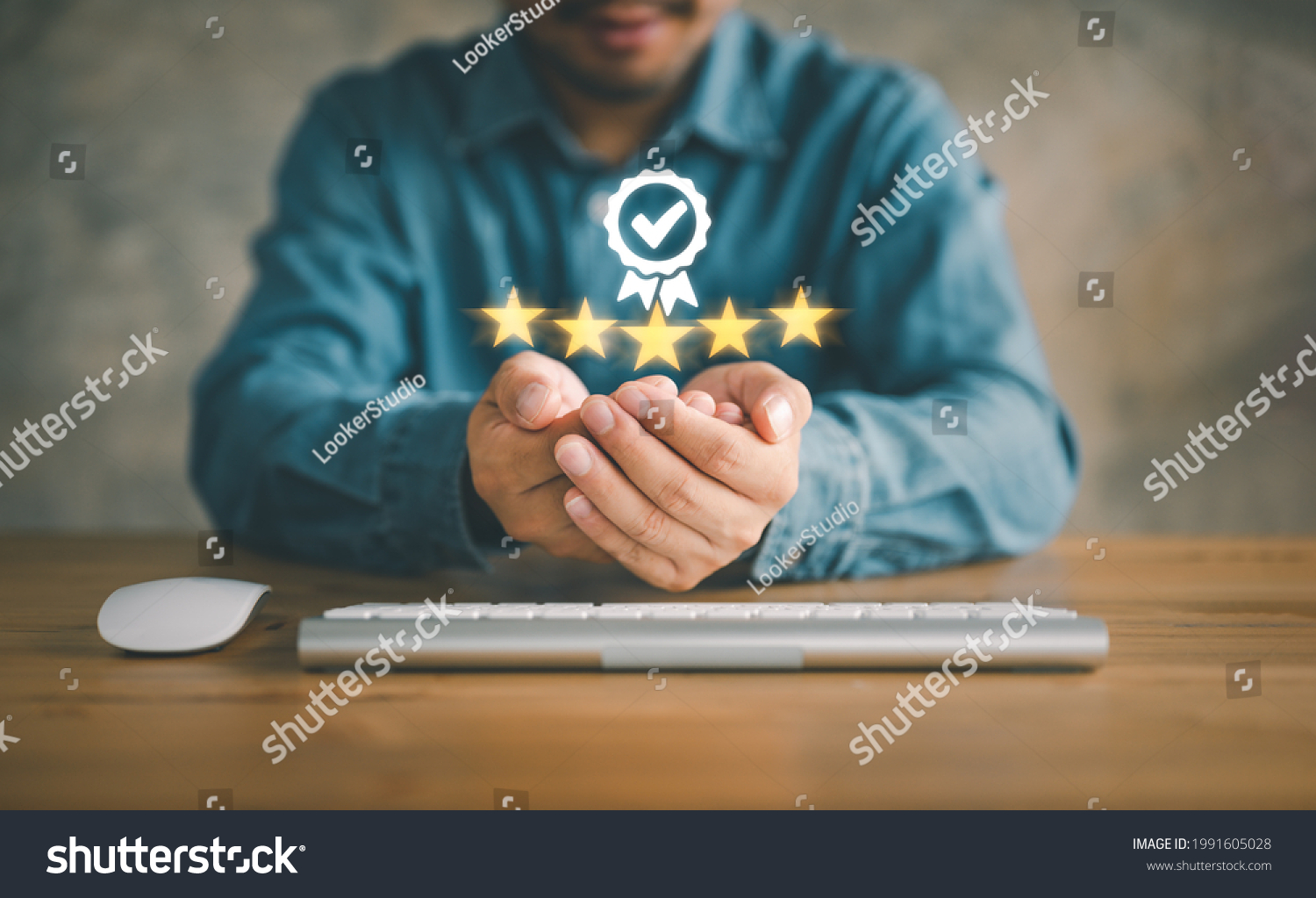 Hand shows the sign of the top service Quality assurance 5 star, Guarantee, Standards, ISO certification and standardization concept. #1991605028