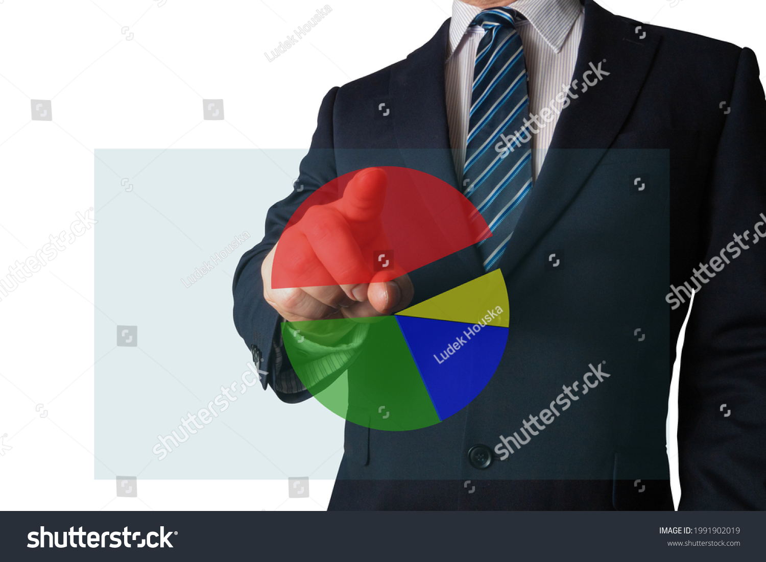 Analyst pointing at a pie chart illustrating market share, sales volume by category, or showing contributing factors or composition of a certain business phenomenon. #1991902019