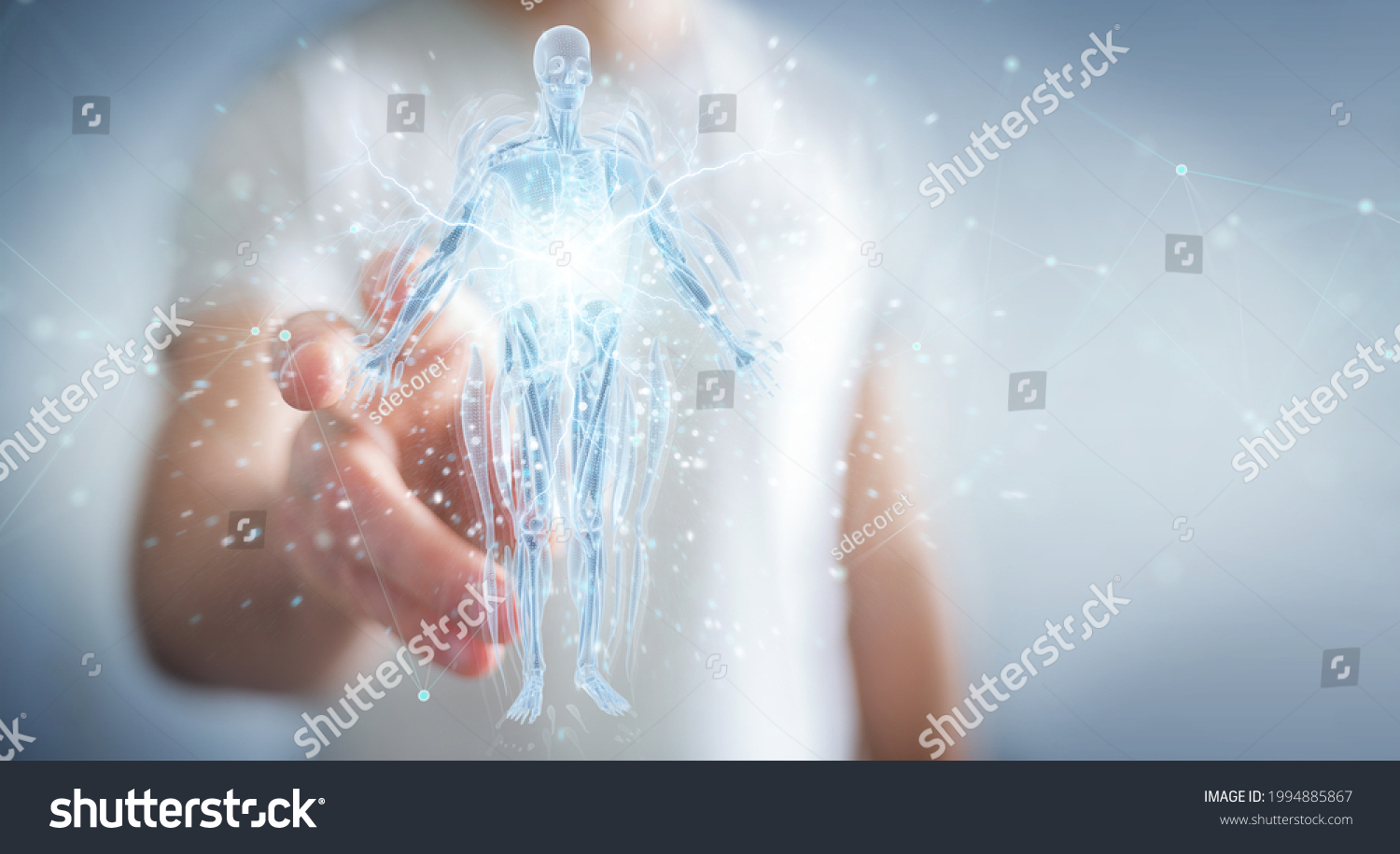 Man on blurred background using digital x-ray human body holographic scan projection 3D rendering #1994885867