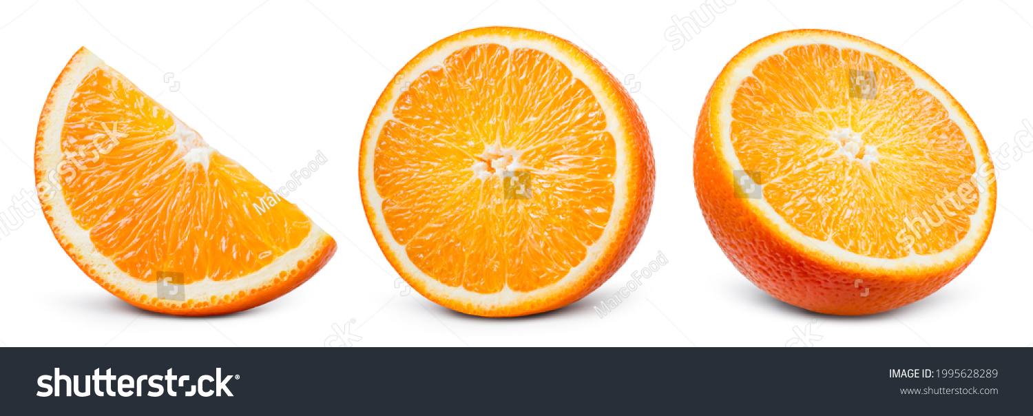 Orange slice isolate. Orange fruit half and slice set on white background. With clipping path. Full depth of field. #1995628289