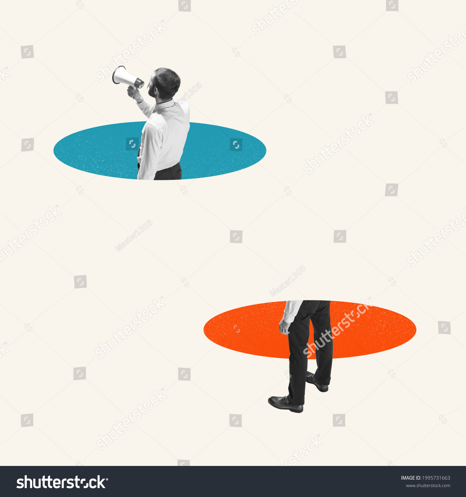Young businessman, clerk with megaphone isolated on light background. Blue and orange circles. Contemporary art collage. Inspiration, idea, trendy. Concept of professional occupation, business, ad. #1995731663