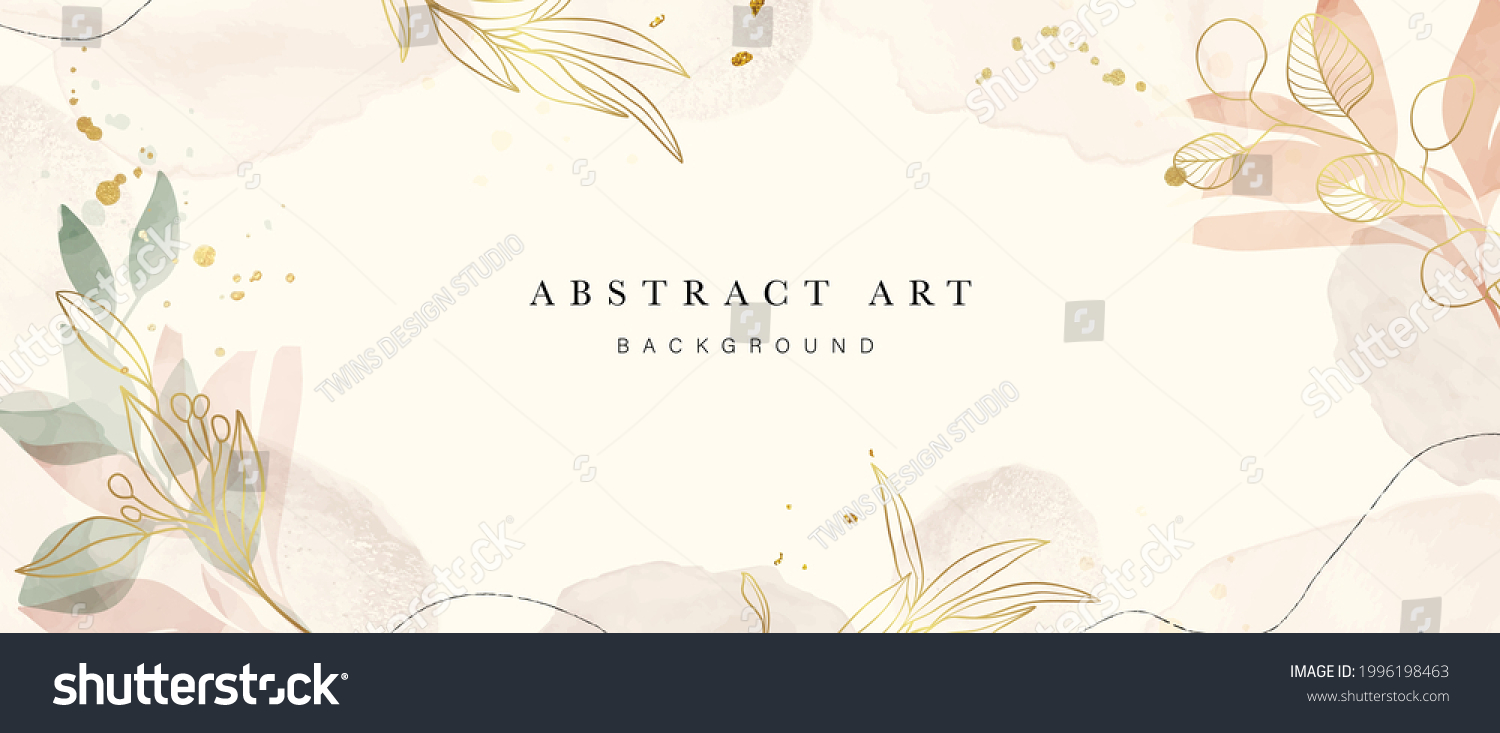 Abstract art background vector. Luxury minimal style wallpaper with golden line art flower and botanical leaves, Organic shapes, Watercolor. Vector background for banner, poster, Web and packaging. #1996198463