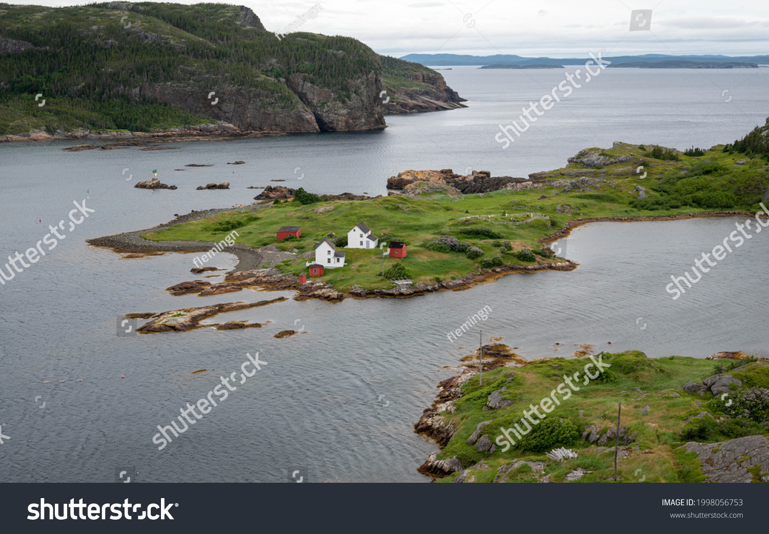 Beautiful coastal fishing town of Salvage, Newfoundland. On the northern part of the island. Several traditional wooden saltbox houses on a peninsula in the ocean. #1998056753