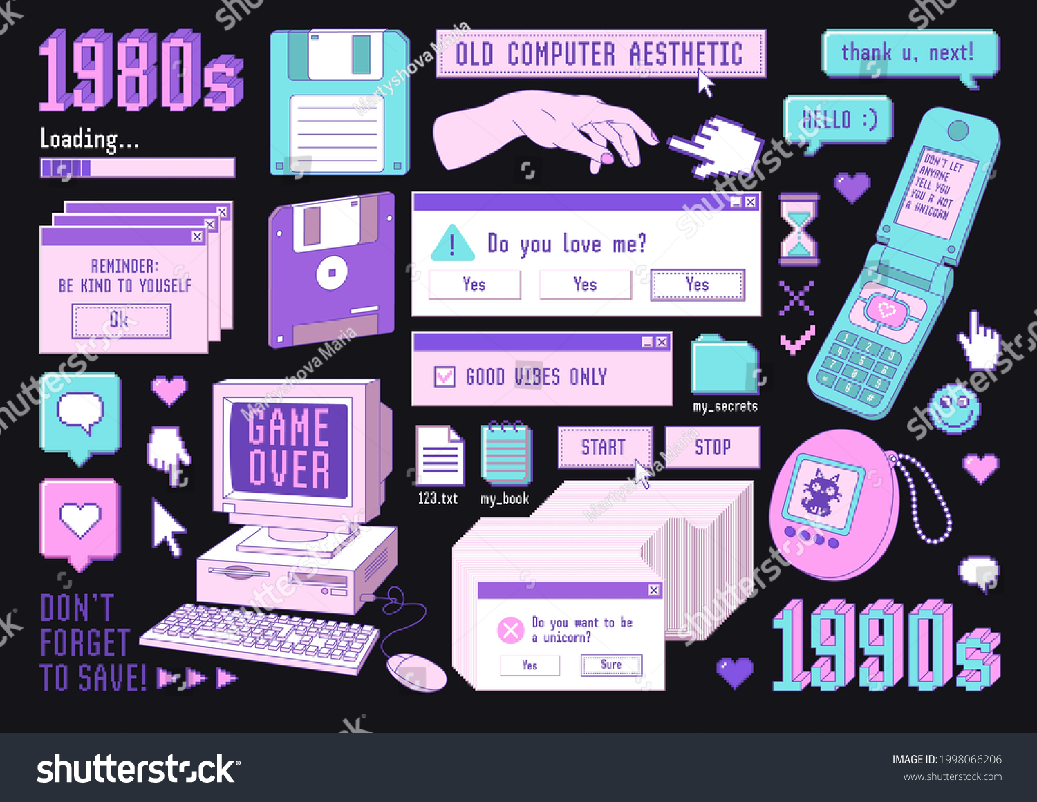 Sticker pack of retro pc elements. Old computer aestethic. Set of user interface elements and technology illustration in trendy retrowave style. Nostalgia for 1980s -1990s. #1998066206
