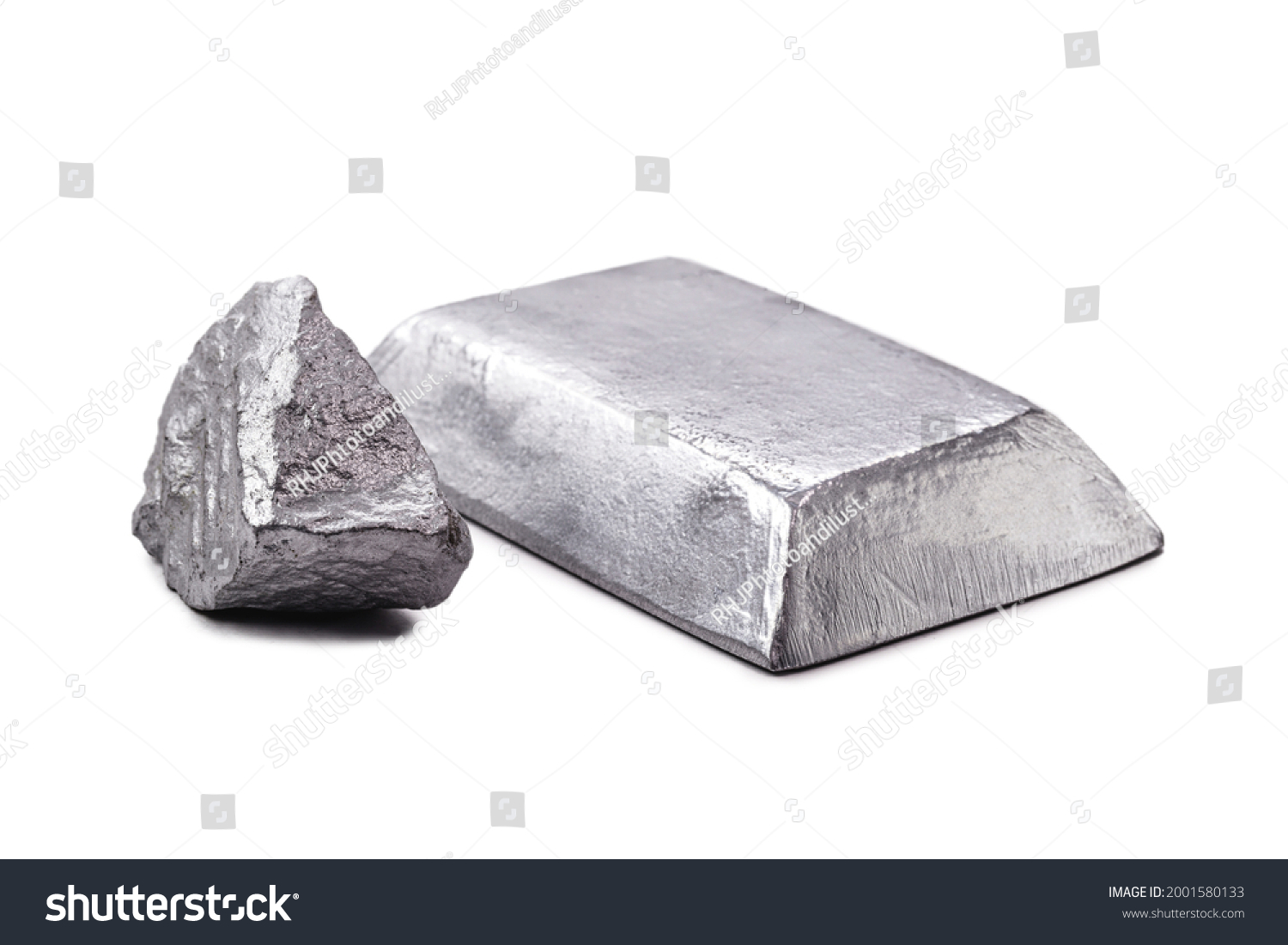 Isolated zinc ingot or bar next to raw zinc nugget on isolated white background, metal used in alloy and steel production. #2001580133