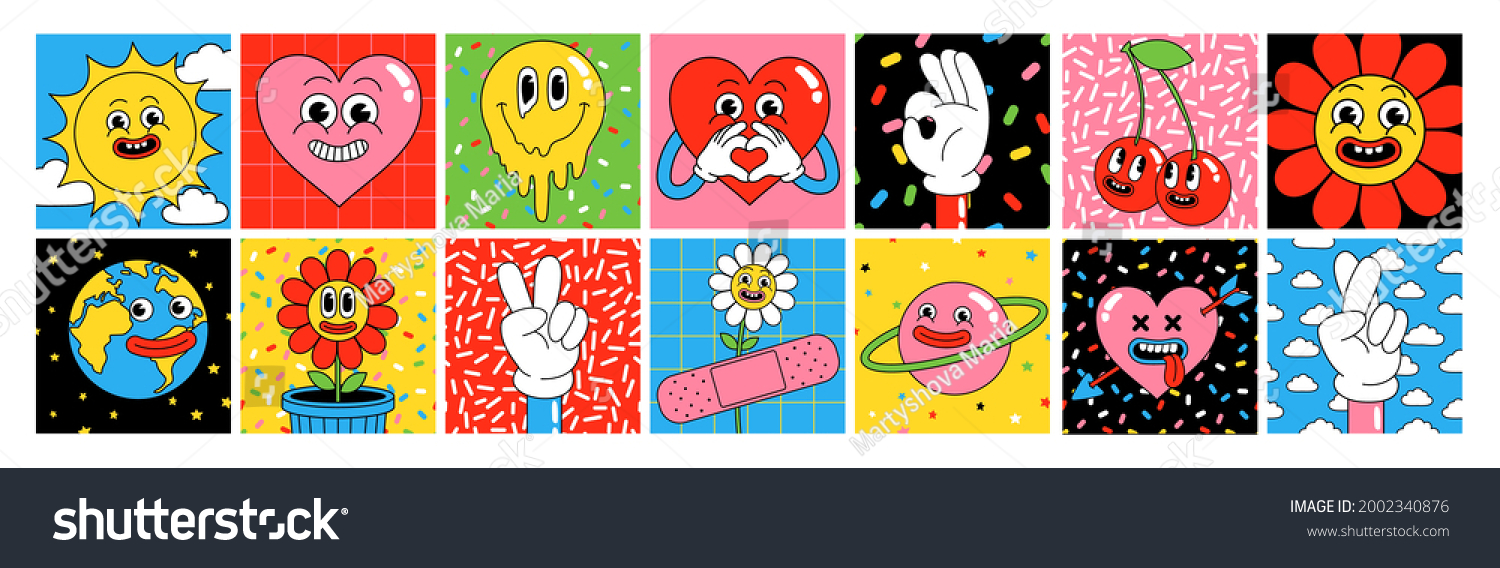 Funny cartoon characters. Square posters, sticker pack. Vector illustration of heart, patch, earth, berry, hands, abstract faces etc. Big set of comic elements in trendy retro cartoon style. #2002340876