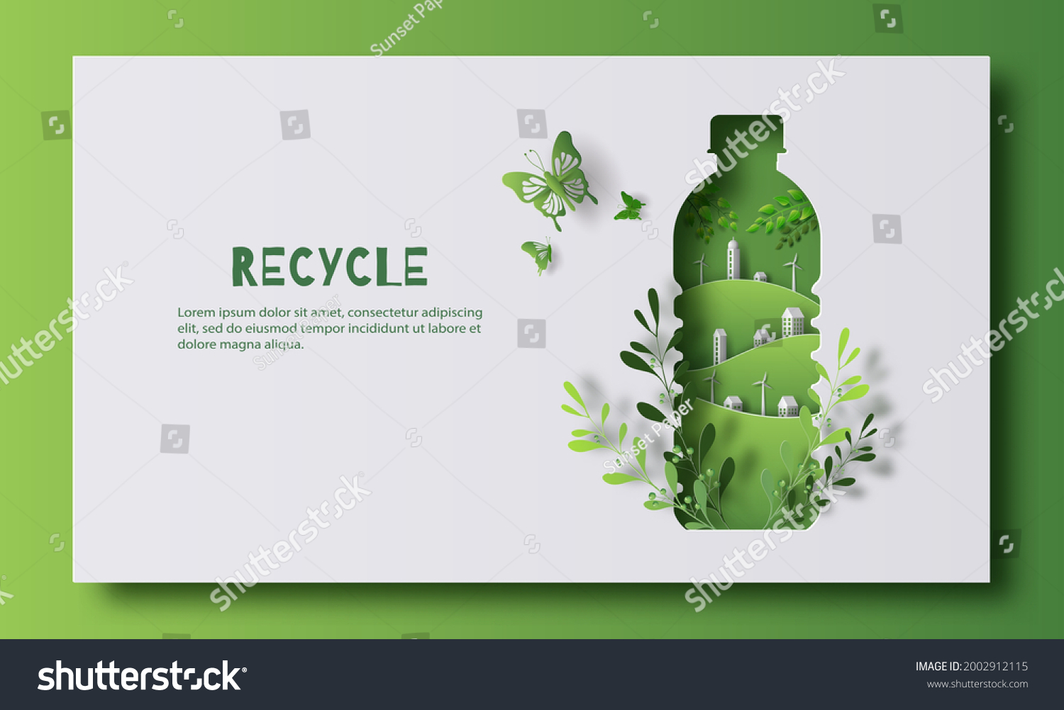 A bottle of water with a green city inside, the idea is to recycle old plastic bottles, think green, paper illustration, and 3d paper. #2002912115