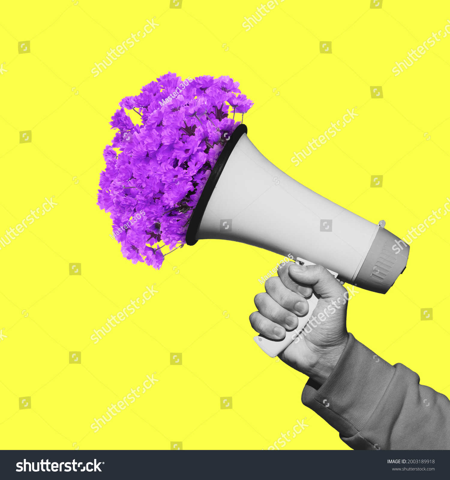Male hand with flowers in megaphone. Contemporary art collage, modern artwork. Concept of idea, inspiration, creativity and beauty. Bright yellow, purple colors. Copyspace for your ad or text. Surreal #2003189918