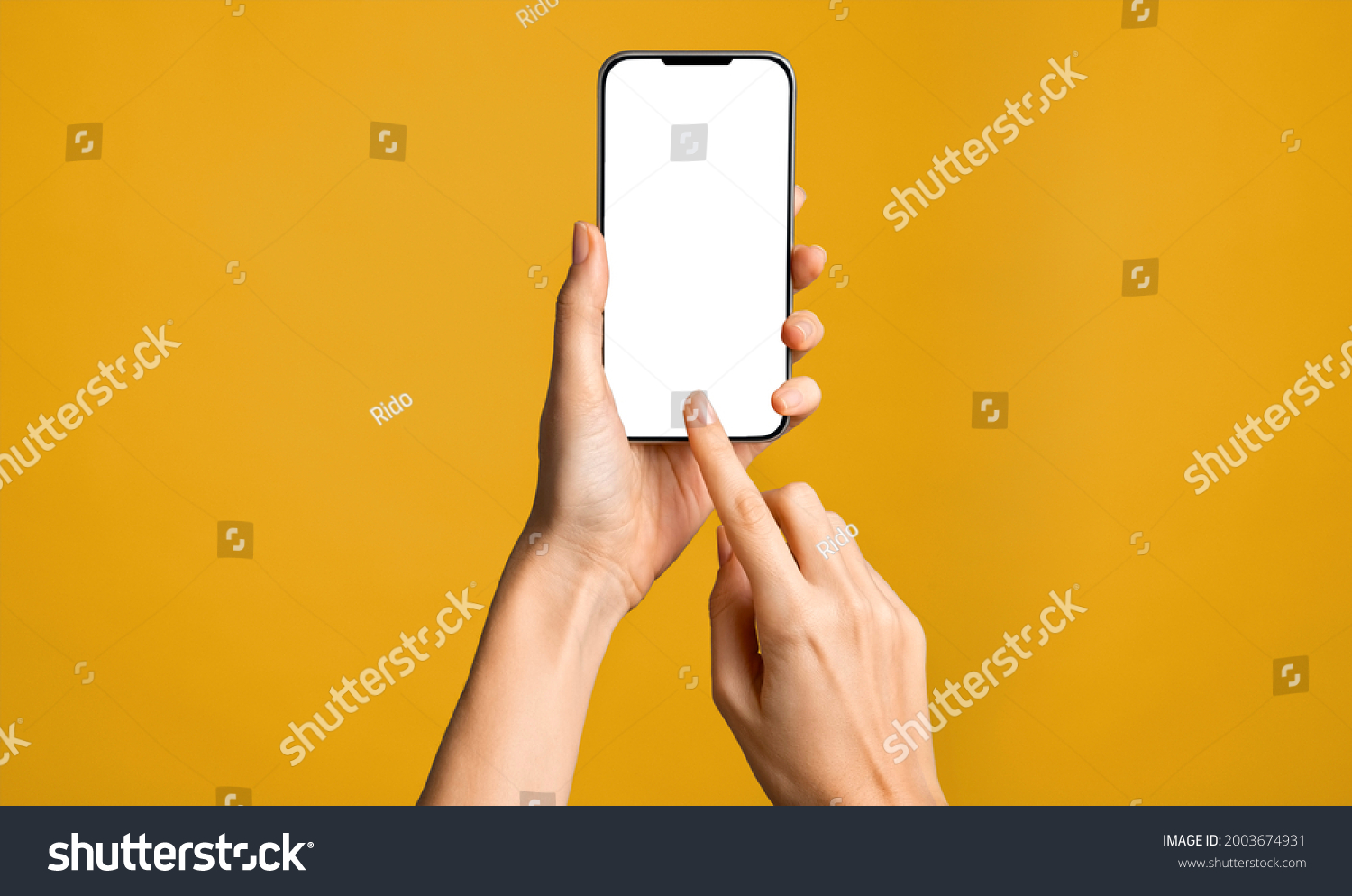 Close up of woman hand using smartphone isolated on orange wall. Female hands showing empty white screen of modern smart phone. Businesswoman holding cellphone and unlocks it with her fingerprint. #2003674931