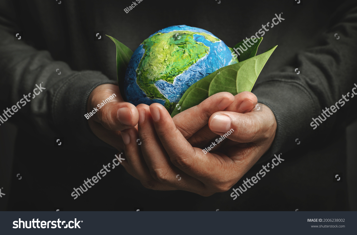 World Earth Day Concept. Green Energy, ESG, Environmental, social and corporate governance. Renewable and Sustainable Resources. Environmental and Ecology Care. Hand Embracing Green Leaf and Globe #2006238002