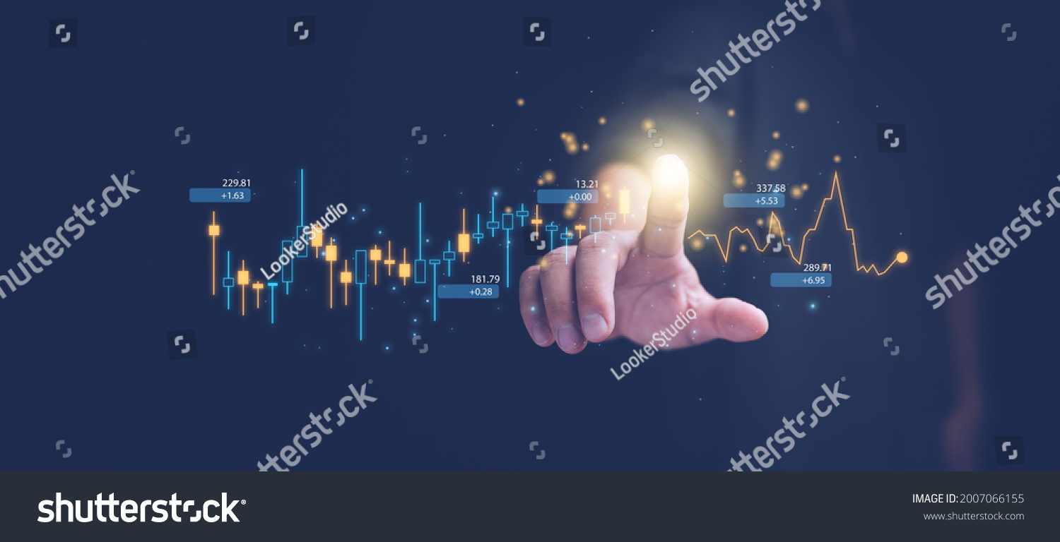planning and strategy, Stock market, Business growth, progress or success concept. Hand of Businessman or trader touching showing a growing virtual hologram stock on smartphone, invest in trading. #2007066155