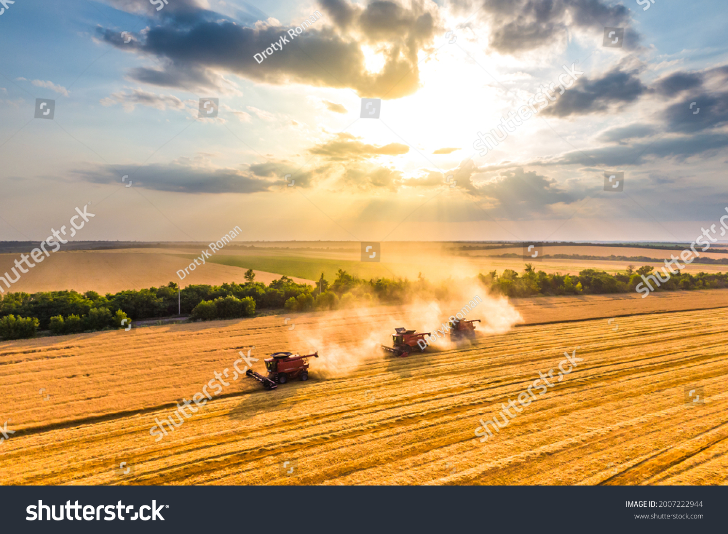 harvesting wheat. three red combine-harvester work in the field. beautiful sky at sunset. Aerial drone photo #2007222944