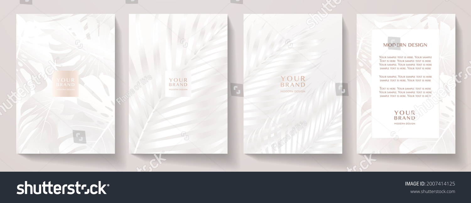 Tropical white cover design set. Floral beauty background with exotic leaf pattern (monstera plant). Elegant vector template for wedding invite, brochure layout, spa leaflet, cosmetic backdrop, makeup #2007414125