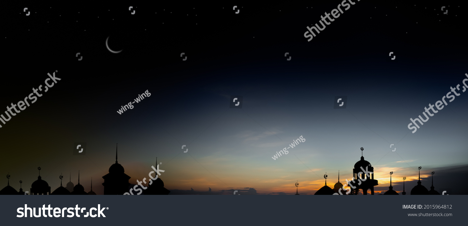 Ramadan kareem religion symbols. Mosques Dome in twilight night with Crescent Moon and sky dark black background. for eid al-fitr, arabic, Eid al-adha, new year muharram concept. panorama free space. #2015964812