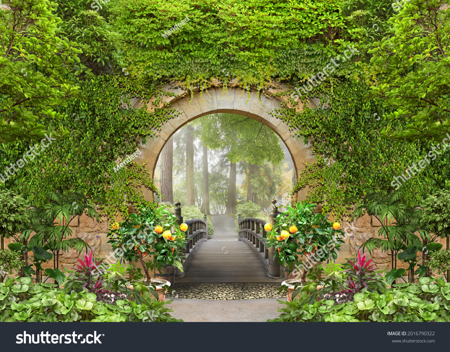 Passage to the summer sunny park through the arch with flowers #2016790322