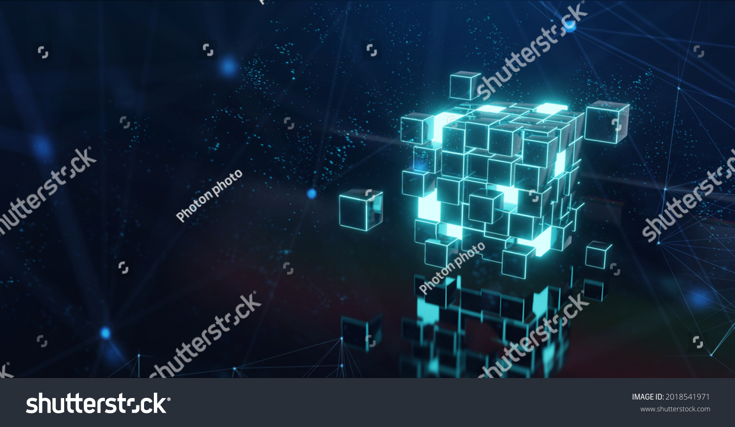 Abstract 3d rendering of a flying cube. Sci fi shape in empty space. Futuristic background. 3d illustration #2018541971