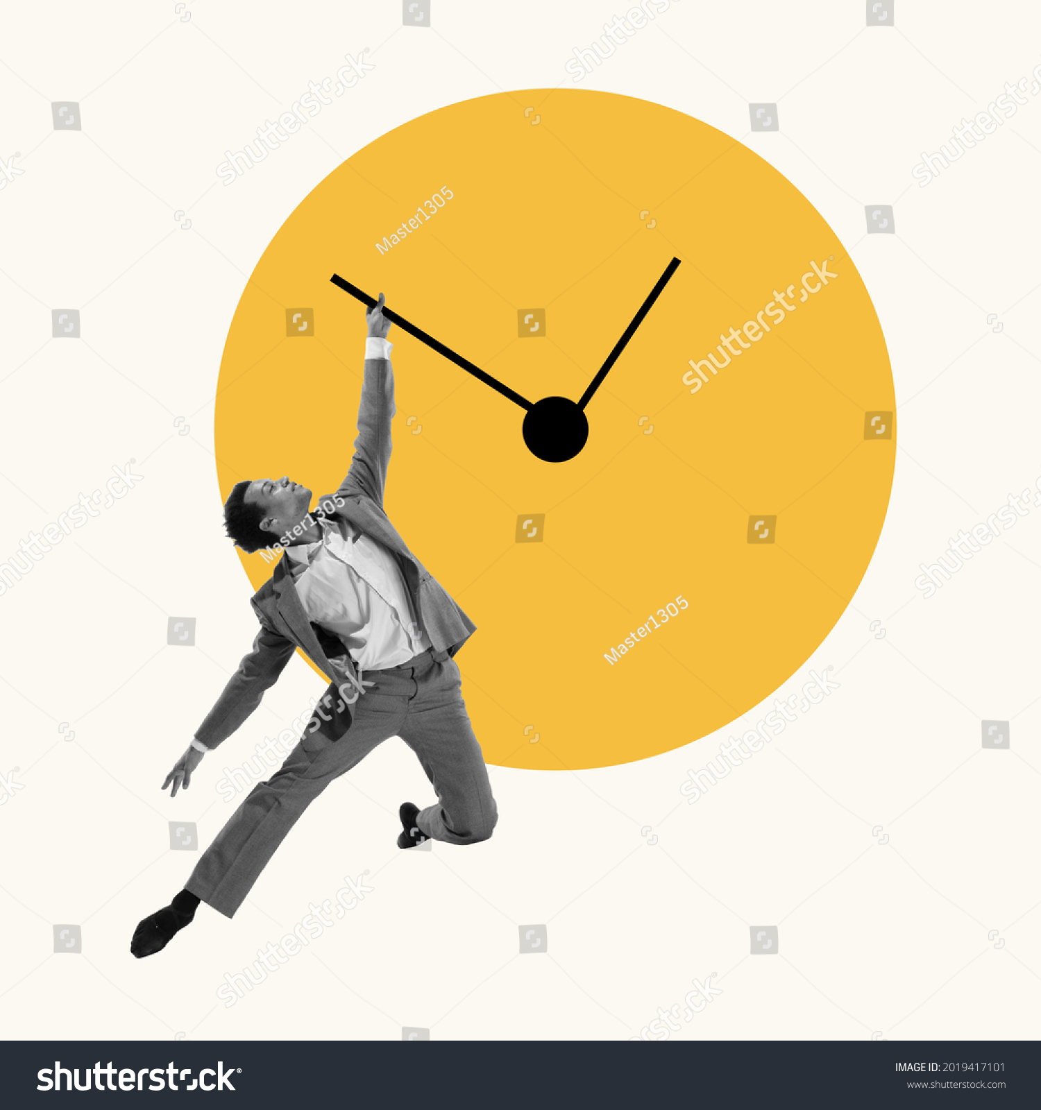 Contemporary art collage. Composition with young manager, leader jumping, trying to stop time. Concept of finance, economy, professional occupation, business and career. #2019417101