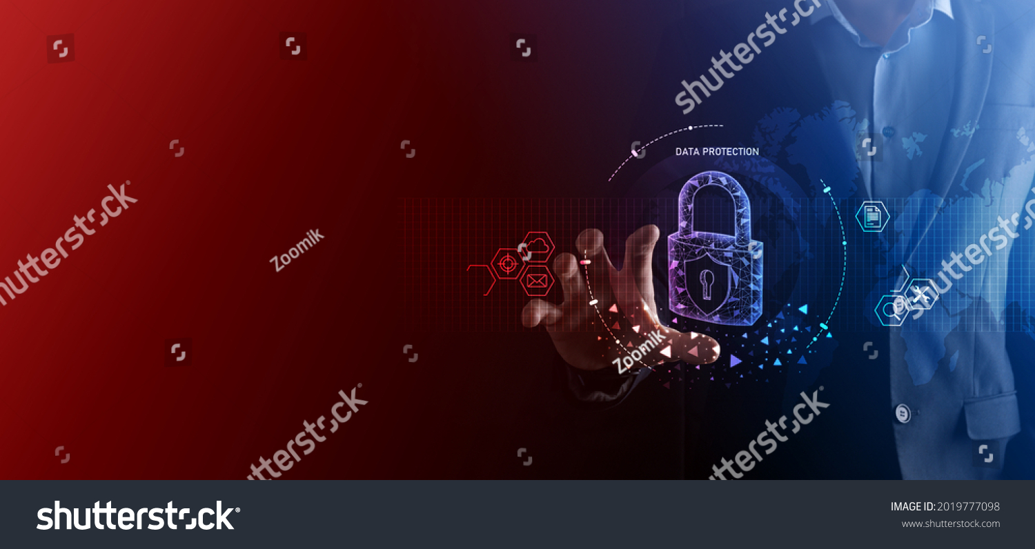 Cyber security network. Padlock icon and internet technology networking. Businessman protecting data personal information on tablet and virtual interface. Data protection privacy concept. GDPR. EU. #2019777098
