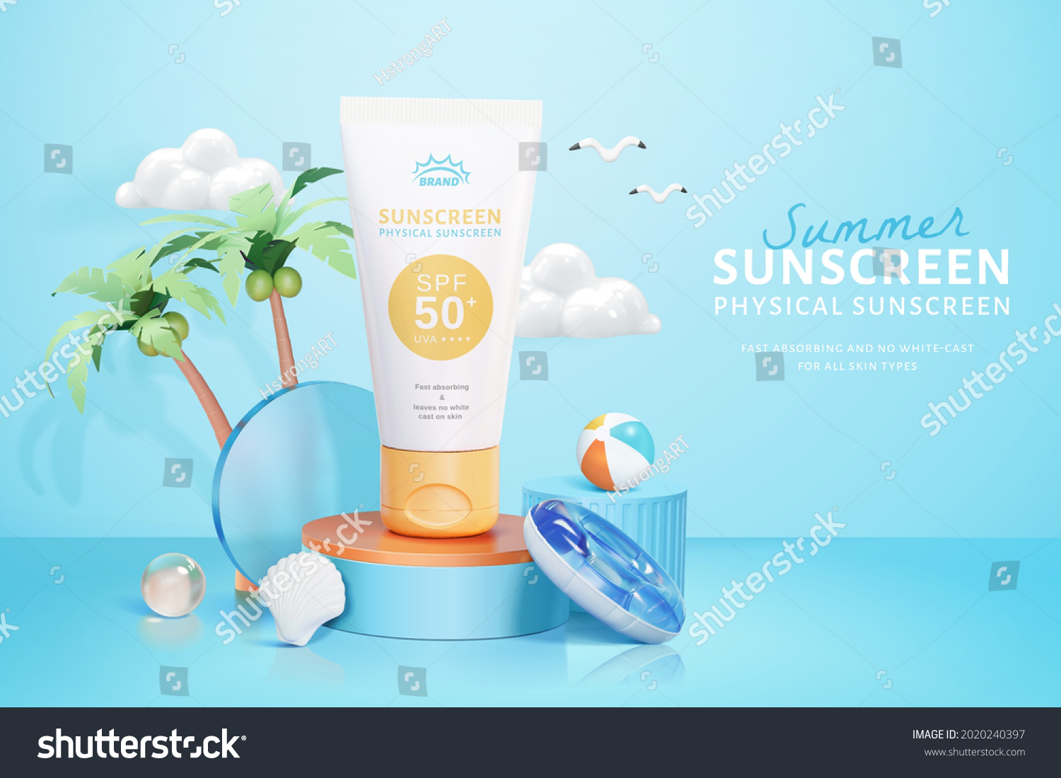 3d cosmetic ad template in island vacation theme. Tube mock up on round podium with beach swim objects. #2020240397