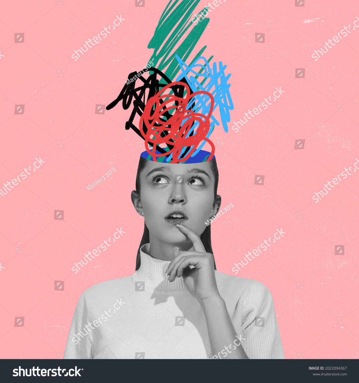 Chaos in girl's head and hurricane of thoughts. Modern design, contemporary art collage. Inspiration, idea concept, trendy urban magazine style. Back to school. Line art #2022094367